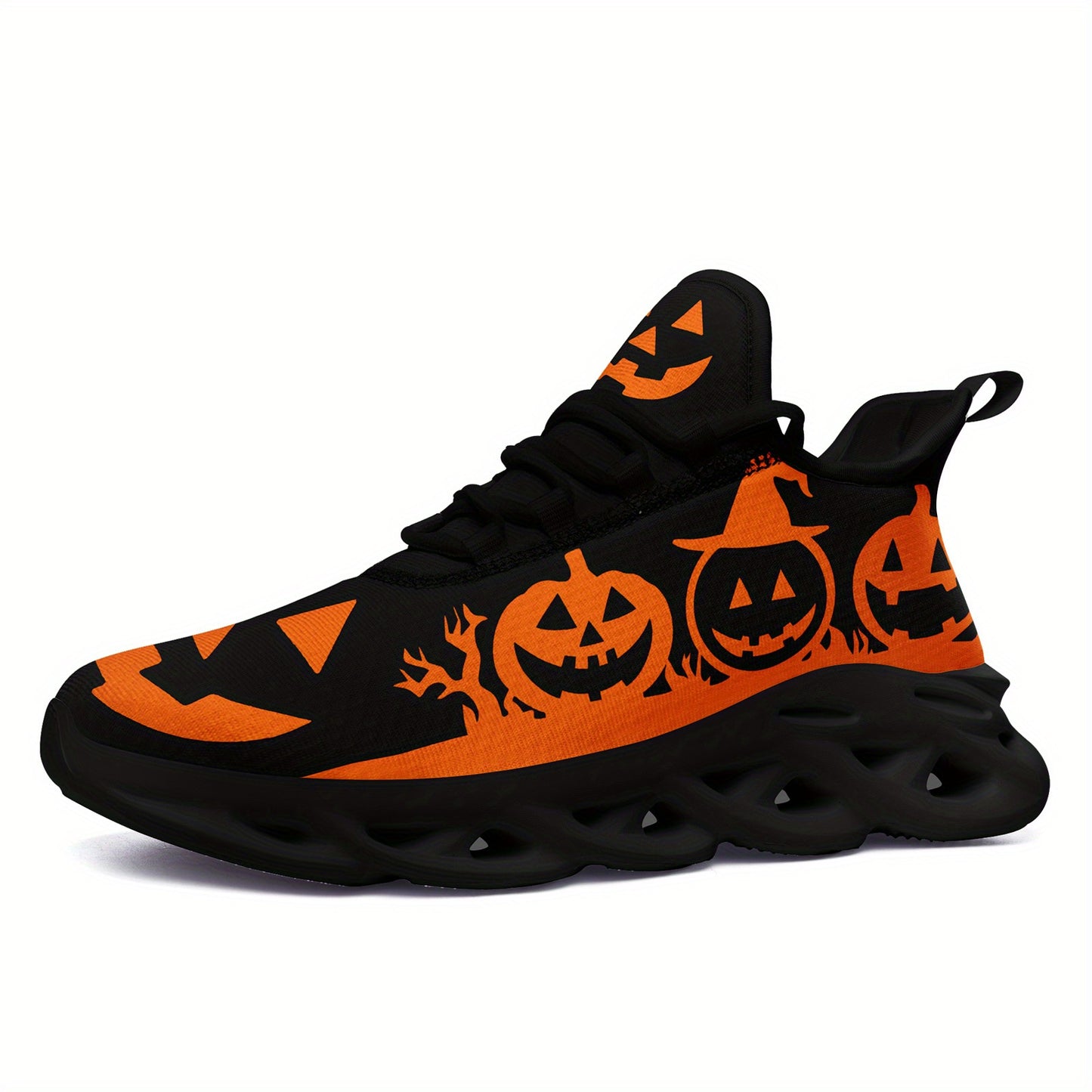 [Halloween Sneakers] Women's Halloween Sneakers - Orange Pumpkin Jack-o'-Lanterns, Lace-Up Trick Treat Shoes, Plus Size Available - All-Season Casual Shoes for Halloween Parties, Casual Attire & Costume Outfits - Lightweight