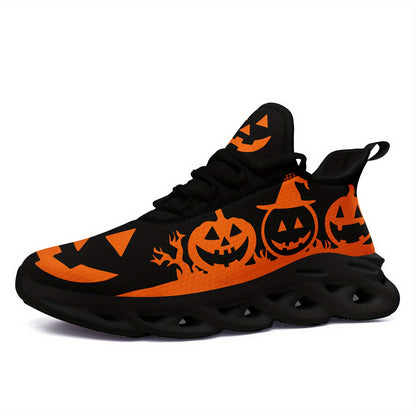 [Halloween Sneakers] Women's Halloween Sneakers - Orange Pumpkin Jack-o'-Lanterns, Lace-Up Trick Treat Shoes, Plus Size Available - All-Season Casual Shoes for Halloween Parties, Casual Attire & Costume Outfits - Lightweight