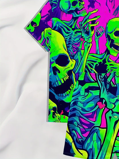 [Vibrant Skull Print Set] Vibrant Pink Men's Novelty Skull Print T-Shirt & Shorts Set | Green, Yellow & Blue Skeleton Design, Casual Crew Neck, Polyester Knit Fabric, Geometric Pattern, Regular Fit Pajama & Lounge Suit, Plus