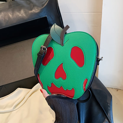 [Halloween] Women's Halloween Skeleton Apple Crossbody Bag - Adjustable Strap, Zipper Closure, Polyester Lining, Green & Red Contrast Design, Perfect For Halloween Accessories, Halloween Accessories Bag | Skeleton Apple Print