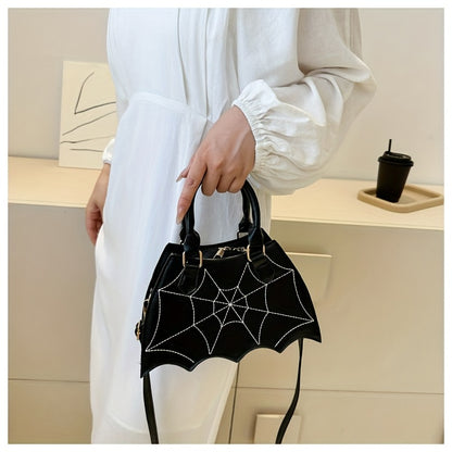 Halloween Women'S Bat Wing Spider Web Handbag - Lightweight Synthetic Faux Leather Tote with Geometric Spider Web Design, Zipper Closure & Detachable Strap, Gothic Style for Daily Use or Party Outfits, Durable Polyester Linin