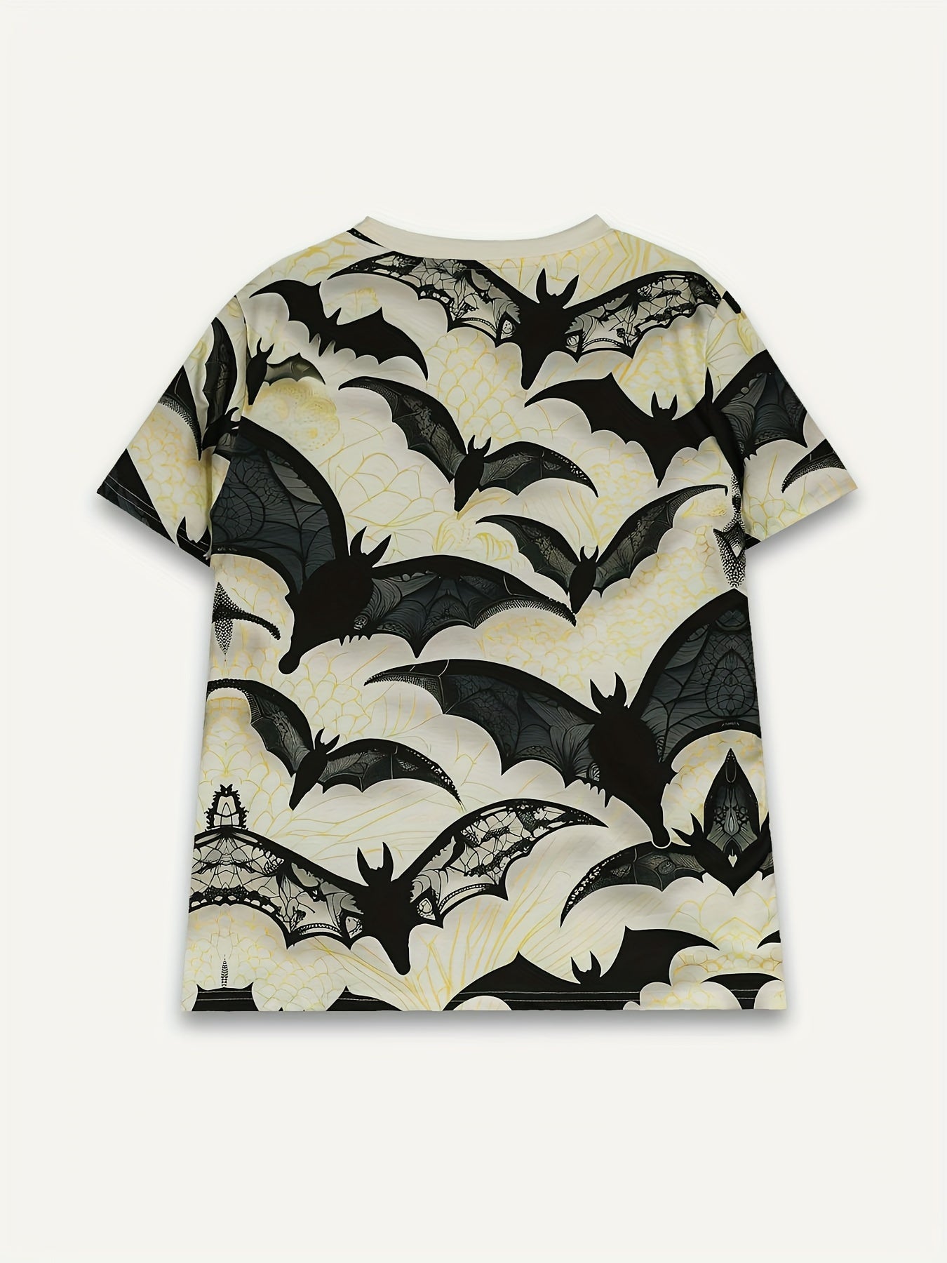 [Bat Print T-Shirt] Women's Breathable Casual Bat Print Round Neck T-Shirt | Dark Series Full-Body Bat & Spiderweb Design, Black & Yellow Contrast, Short Sleeve Top for Spring/Summer, Machine Washable, Nontransparent Fabric