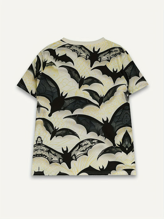 [Bat Print T-Shirt] Women's Breathable Casual Bat Print Round Neck T-Shirt | Dark Series Full-Body Bat & Spiderweb Design, Black & Yellow Contrast, Short Sleeve Top for Spring/Summer, Machine Washable, Nontransparent Fabric