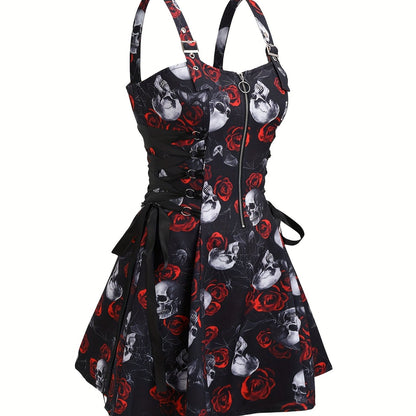 Women'S Gothic Rose Print Midi Dress with Back Zipper and Corset Detail - Casual Sleeveless A-Line Skirt, Black with White Floral Pattern, Elegant Halloween Attire