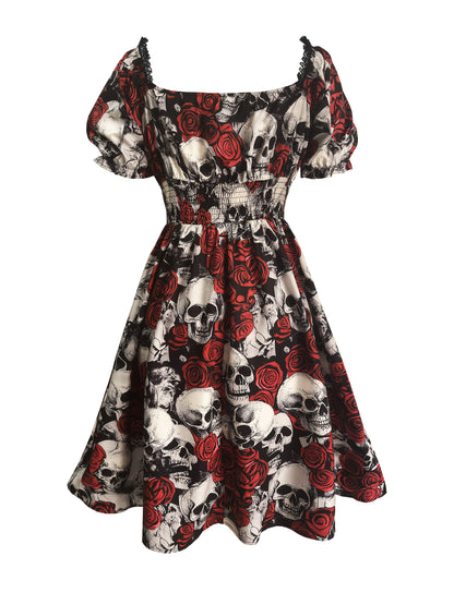 Women's Gothic Y2K Skull & Rose Print Gothic Victorian-Style Dress with Ruffled Hem & Spaghetti Strap - Lace-like Sleeve Neckline, Corset Back Closure, Machine Washable - Elegant Party Outfit for Halloween, Day of the Dead, T