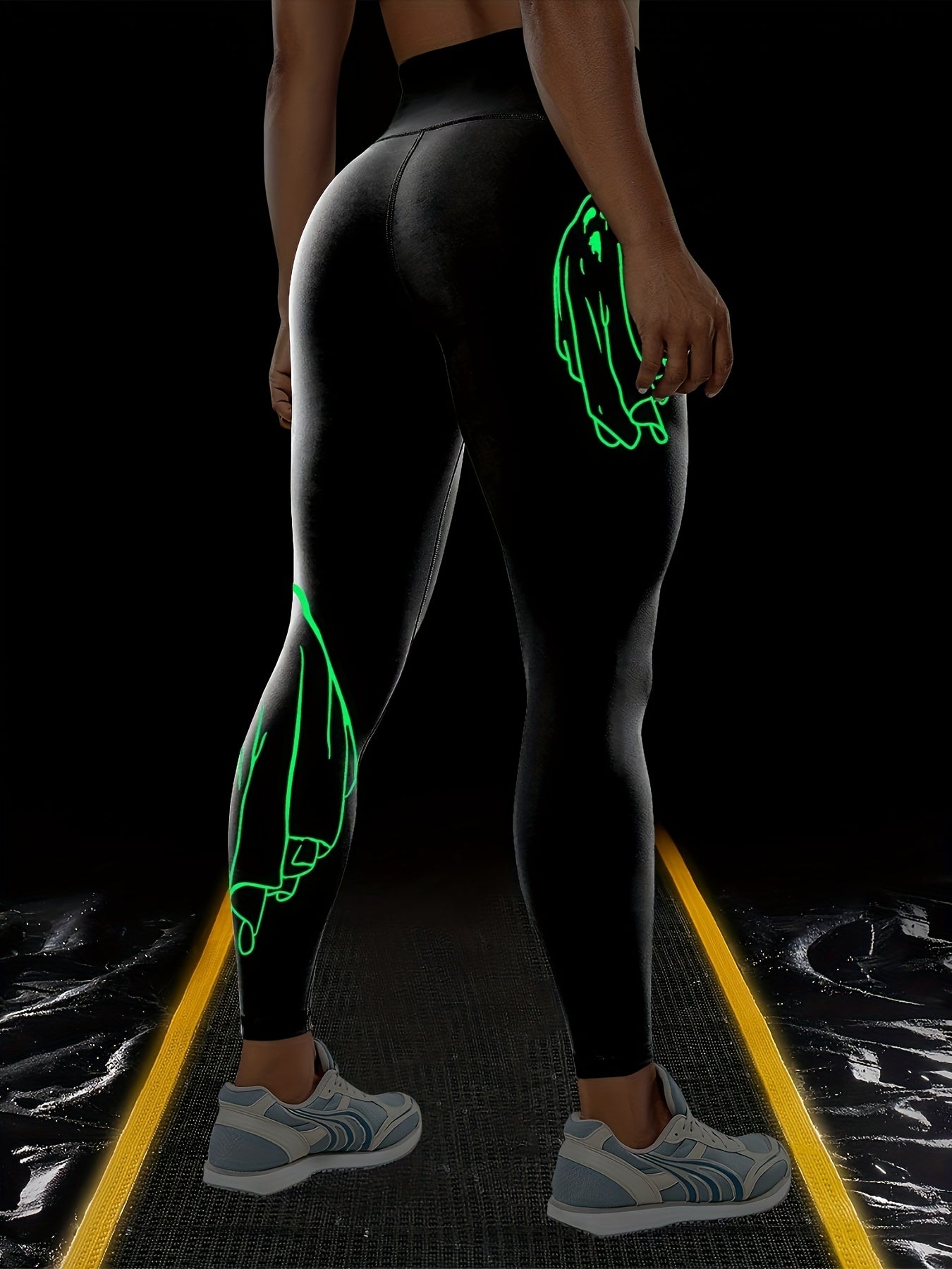 Halloween Fluorescent Skeleton Hands Printed Sports Yoga Leggings, High Waist Workout Running Sports Tight Pants, Women's Activewear Carnaval for carnival & Music Festival