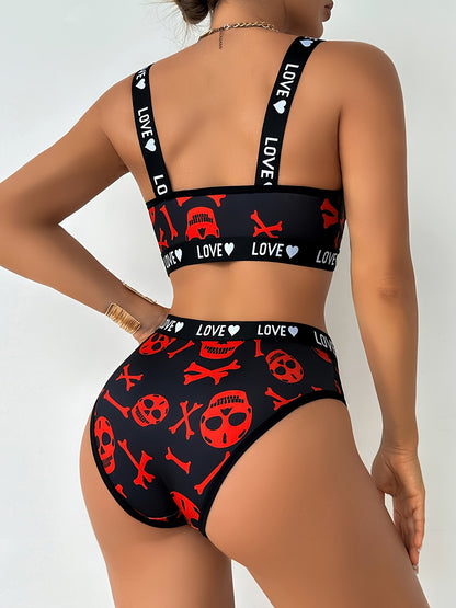 1 Set Sexy Skull Head Women'S Bra and Panties, Black with Red Heart and Skull Design, Medium Support, No Padding, Mid Rise, Adult Lingerie Set, Adult Lingerie|Playful Design|Strapless Bra