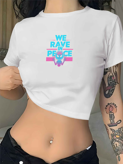 WE RAVE IN PEACE Women's Y2K Graphic Crop Tee - Black Geometric Skull Print Short Sleeve Shirt, Medium Stretch Machine Washable Casual Top for Festivals & Nightlife, Festival Clothing, Edgy Tshirt Design, Comfortable Fit Shir