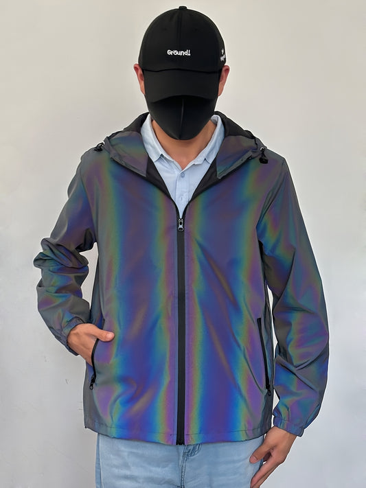 Men'S Reflective Rainbow Hooded Jacket - Stylish Casual Streetwear with Zipper Front, Long Sleeves, and Pockets for Spring & Fall, Spring Jacket | Iridescent Finish | Glossy Finish, Reflective Jacket