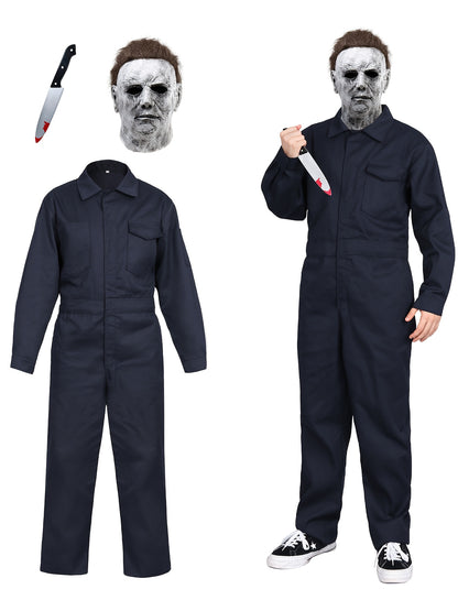 Men's Horror Movie Costume - Full Zipper Closure Work Overalls Jumpsuit, Halloween Jason Voorhees Outfit, Navy Blue Cosplay Suit for Themed Parties & Horror Events - Easy-to-Wear One-Piece Apparel, Easy Maintenance Clothing