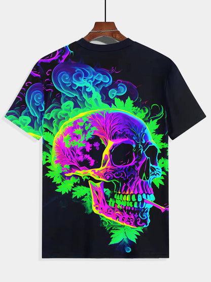 Men's Fluorescent Skull Print T-Shirt - Vibrant Summer Short Sleeve Tee, Casual & Comfortable Round Neck Graphic Tee for Casual Attire, Everyday Tshirt | Artistic Fashion Tee | Comfortable Fit, Tee Shirts