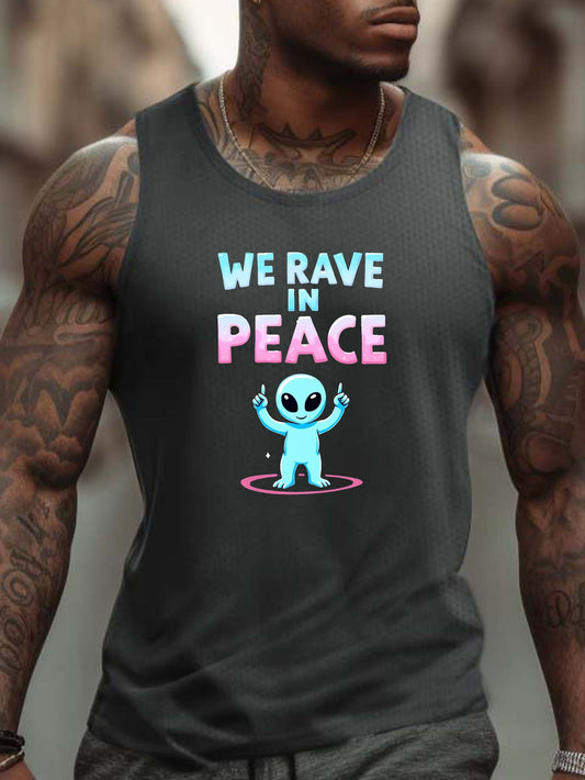 Men'S "We Rave in Peace" Graphic Tank Top - Casual Sleeveless Athletic Shirt, Breathable & Comfy, Black with Blue & Pink Alien Design, Perfect for Summer, Alien Clothe