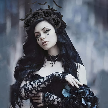 [Halloween Witch Hat Headband] Halloween Witch Hat Headband - 1pc Gothic Bat Hair Clip with Black Fake Flowers, Dark Cosplay Accessory for Women