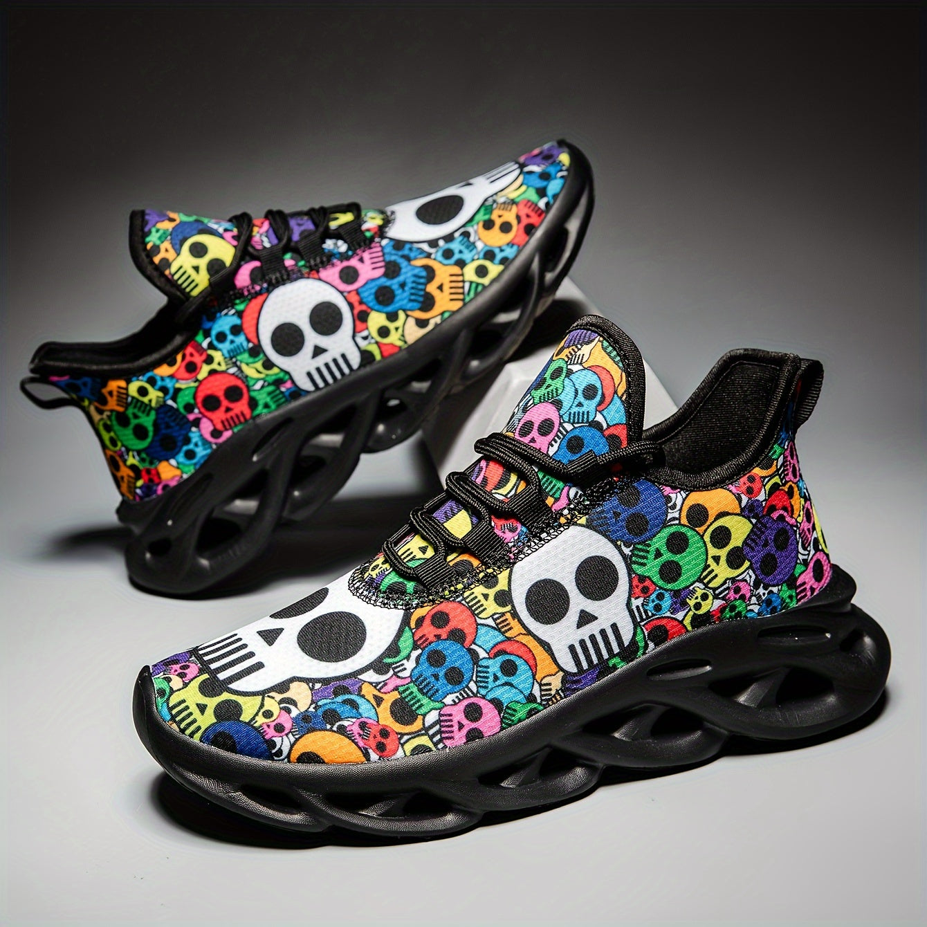Stylish Skull Print Sneakers - Ultra-Breathable, Shock-Absorbing, Lightweight Running Shoes with EVA Insole for All-Season Comfort - Halloween-Inspired, Casual, Lace-up Athletic Footwear for Men