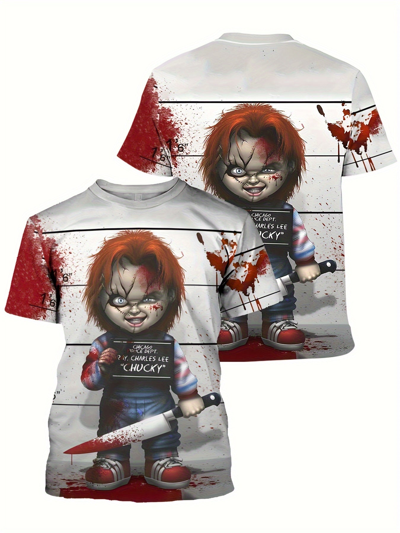 Men'S Halloween Graphic T-Shirt - 3D Print Chucky Design with Blood Splatter, Black Shorts, and Knives, Casual Crew Neck Tee for Casual Attire, Halloween Shirts