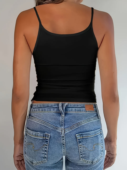 [Casual All-Season Wear] Y2K Sleeveless Crop Cami With Skeleton Heart Hands Graphic Print, Black Spaghetti Strap Top For Women, Casual Polyester Blend, Medium Elasticity, All-Season Wear, Allseason Top | Spaghetti Strap Cami