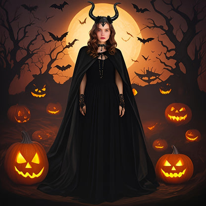 [Halloween Devil Costume Set] 5pcs Halloween Devil Costume Set | Black Witch Cape, Devil Horns Headband, Lace Fingerless Gloves, Gothic Queen Dress Up, Carnival Wizard Party Accessories