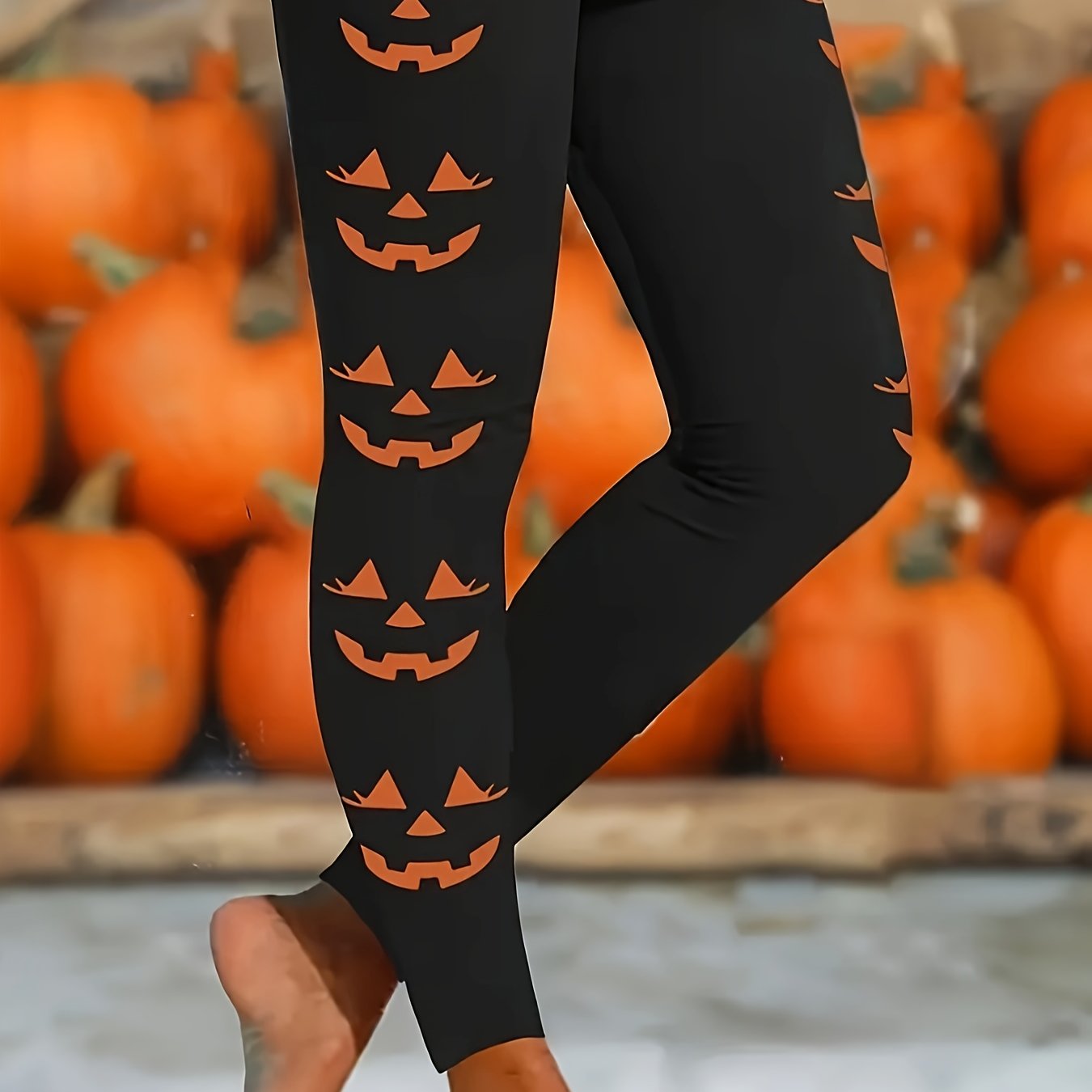 Women's Halloween Pants - Skinny Fit Leggings with Pumpkin Print, Non-Transparent Stretchy Fabric for Halloween Party Outfits, Year-Round Wear - Machine Washable Costume Pants, Festive Attire, Festive Design, Comfortable Wear