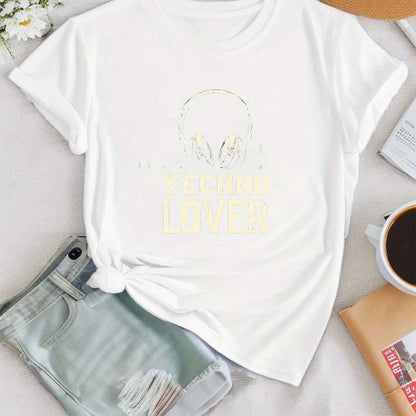 Women'S "Techno Lover" Graphic T-Shirt - Green Casual Crew Neck Tee with Headphones Design, Short Sleeve for Spring & Summer, Casual Attire|Playful Print|Comfortable Fit, Techno Tshirt
