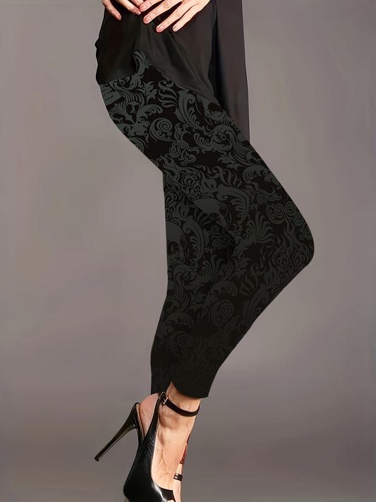 [Gothic Bohemian Leggings] Plus Size Gothic Bohemian Skull Print Leggings - High-Waisted Stretchy Pants with Elastic Waist & Thigh Print, All-Season Machine Washable Black & White Gothic Design for Casual & Statement Outfits