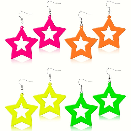 1/4 pair of neon star earrings made of acrylic material, with bright pink, orange, yellow, and green colors as perfect party gifts to express your sincere emotions. Party earrings with bright colors, hanging earrings design,