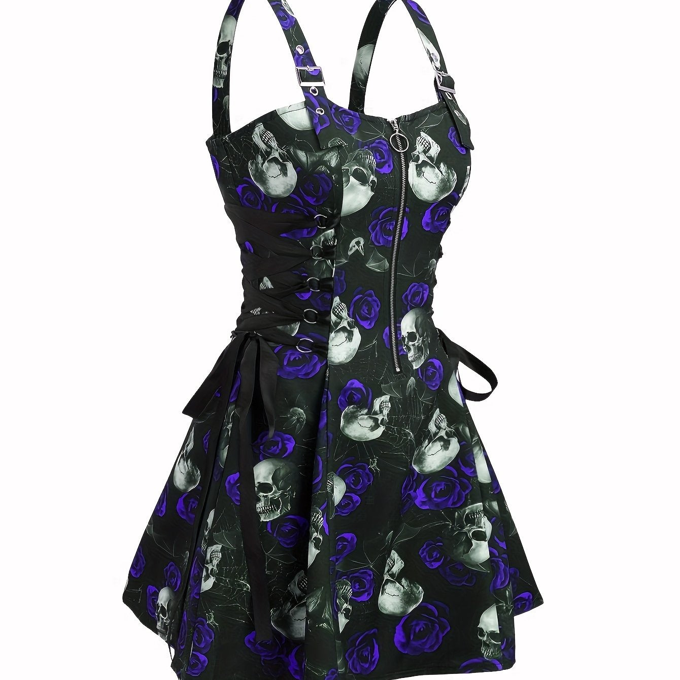 Women'S Gothic Rose Print Midi Dress with Back Zipper and Corset Detail - Casual Sleeveless A-Line Skirt, Black with White Floral Pattern, Elegant Halloween Attire