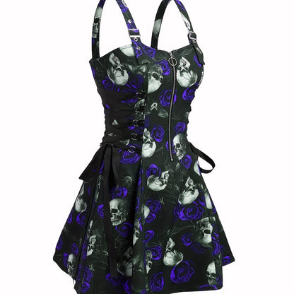 Women'S Gothic Rose Print Midi Dress with Back Zipper and Corset Detail - Casual Sleeveless A-Line Skirt, Black with White Floral Pattern, Elegant Halloween Attire