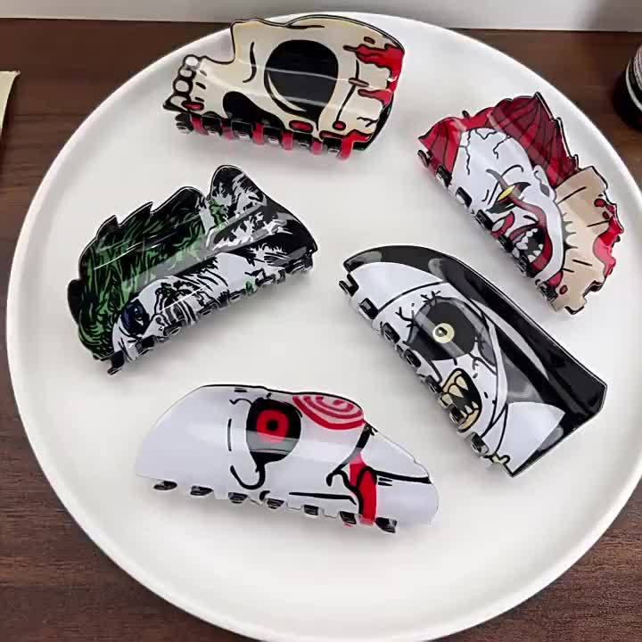 [Halloween Hair Accessories] 5pcs Halloween Hair Clips for Women - Shark, Skull, Pumpkin & More Themed Hairpins with Red Accents, Large Cartoon Design for Punk & Y2K Style, Perfect for Back of Head or Side Buns, Halloween Hai