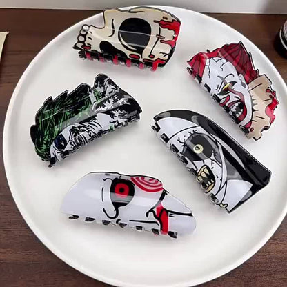 [Halloween Hair Accessories] 5pcs Halloween Hair Clips for Women - Shark, Skull, Pumpkin & More Themed Hairpins with Red Accents, Large Cartoon Design for Punk & Y2K Style, Perfect for Back of Head or Side Buns, Halloween Hai