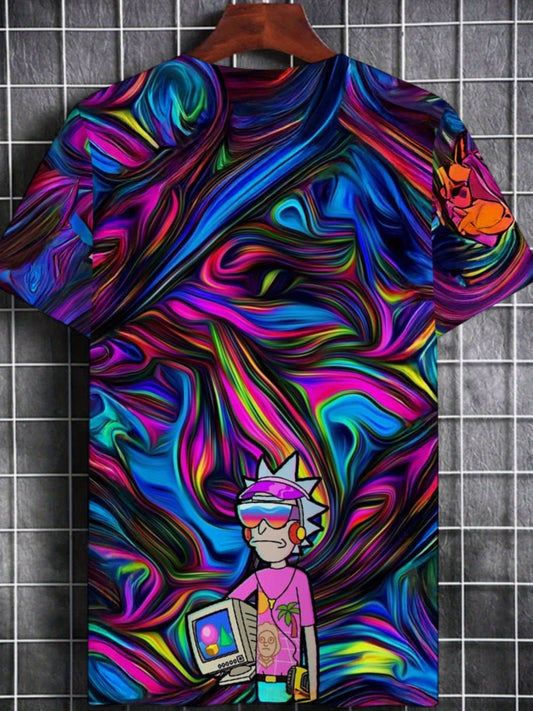 Men's Graphic T-Shirt - Bold Psychedelic Tee with Neon Swirls in Blue, Pink, Purple, Green, Orange, Black - Regular Fit Casual Shirt for Festival Outfits, Casual Attire - Machine Washable Statement Top, Streetwear Style, Geom
