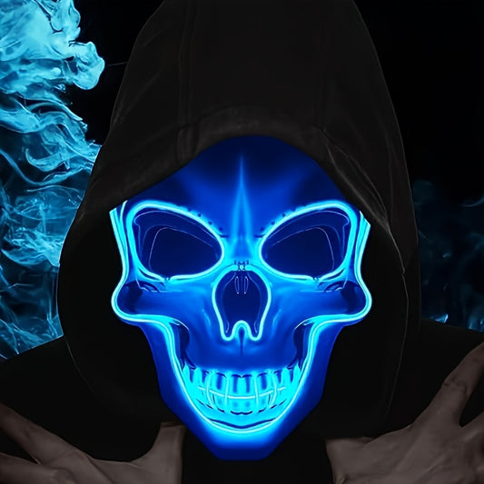 LED Glowing Skull Mask with Blue Light Effects - Self-Lit Halloween Costume Party Mask with Expressive Eyes & Sharp Teeth, Battery-Powered (Batteries Not Included) for Men's Costumes, Themed Events, Gothic Performances - Comp