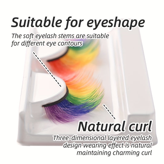 2 Pairs of Vibrant Rainbow Colored Eyelashes - Voluminous, Curly, and Reusable - 10-12mm & 13-15mm Lengths - Perfect for Beginners - Bold and Colorful Look for Any Occasion, Rainbow Accessories