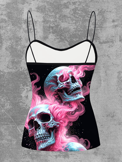 Women's Gothic Pink Flame Skull Graphic Cami Top - Elegant Sleeveless Spaghetti Strap Shirt, Machine Washable, Stretch Fabric, Perfect for Spring/Summer/Fall, Casual Wear | Edgy Chic | Medium Stretch