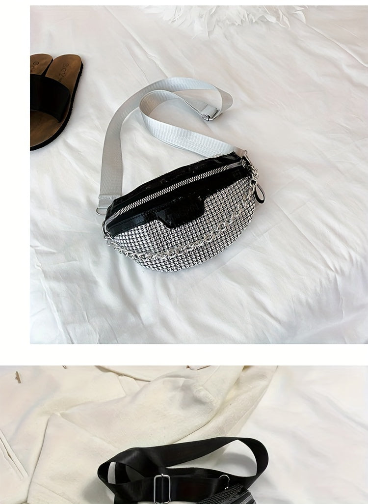 Shining Rhinestone Waist Bag, Bling-Bling belt bag for Women, Trendy Chain Decor Crossbody Chest Bag Bum Bag belt bag