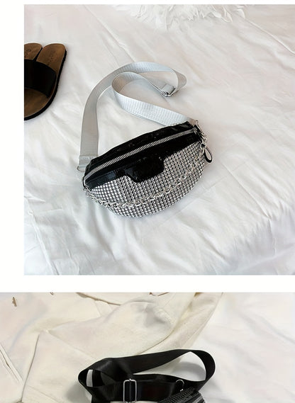 Shining Rhinestone Waist Bag, Bling-Bling belt bag for Women, Trendy Chain Decor Crossbody Chest Bag Bum Bag belt bag