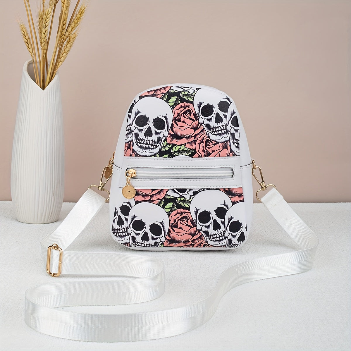[Punk Crossbody Bag] Women's Lightweight Crossbody Bag | Punk Gothic Skull & Rose Print, Detachable Adjustable Strap, Zipper Closure, White with Black Floral Design, Goldtone Hardware, Durable Material, Small Handbag, Alterna