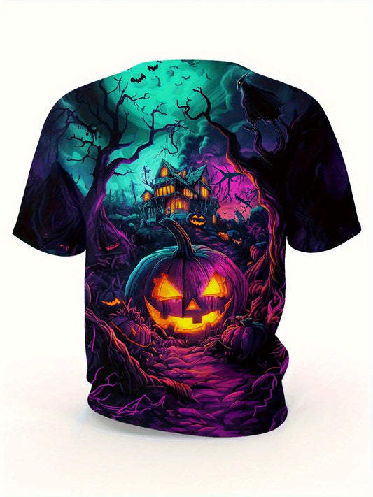 [Halloween Tee] Lightweight Breathable Halloween Tee - Men's Plus Size Big & Tall Friendly T-Shirt with Jack-O'-Lantern, Pumpkin, Haunted House Graphic - Purple, Green, Orange, Black Spooky Colors - Machine Washable Costume T