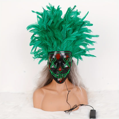 Halloween V-face horror LED luminous mask simulation feather mask EL cold light dress up props party atmosphere supplies