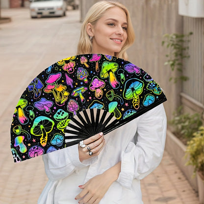 Vibrant Neon & Hand-Drawn Art Fan - Lightweight Portable Foldable Design, Protection for Outdoor Camping Parties, Street Style Accessories, Creative Fashion Prop, Party Accessory, Whimsical Design, Durable Fabric
