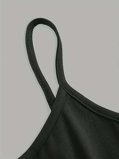 [Casual All-Season Wear] Y2K Sleeveless Crop Cami With Skeleton Heart Hands Graphic Print, Black Spaghetti Strap Top For Women, Casual Polyester Blend, Medium Elasticity, All-Season Wear, Allseason Top | Spaghetti Strap Cami