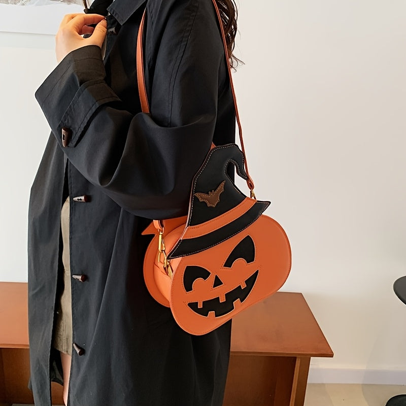 [Halloween Accessories] Halloween Pumpkin Crossbody Bag for Women - Large Capacity Synthetic Faux Leather Shoulder Purse with Adjustable Strap, Zipper Closure, and Festive Orange & Black Design, Halloween Accessories
