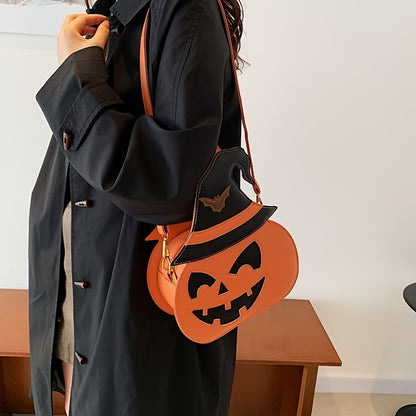 [Halloween Accessories] Halloween Pumpkin Crossbody Bag for Women - Large Capacity Synthetic Faux Leather Shoulder Purse with Adjustable Strap, Zipper Closure, and Festive Orange & Black Design, Halloween Accessories