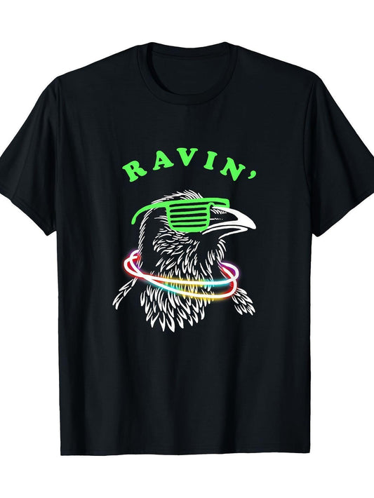 Men's & Women's Rave Party T-Shirt - Neon Bird Graphic Tee with RAVIN' Text - Heavyweight 180gsm Cotton Shirt - Glow-in-the-Dark Party Outfit - Machine Washable Black Clubwear - Sizes S-XXXL - Fun Gift for Concerts, Festivals