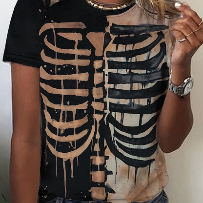 Women's Halloween Skeleton Graphic Long Sleeve T-Shirt - Edgy Casual Round Neck Top with Chest & Back Print, Machine Washable Regular Fit for Casual Attire & Halloween Parties, Halloween Clothes, Festive Party Attire, Trendy