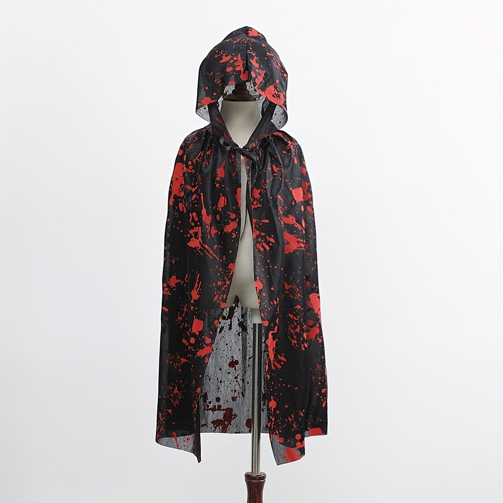 Glamorous Polyester Halloween Costume - Witch Cape with Blood Splatter Design, Black & Red, Full-Body Protection, Adjustable Straps & Drawstring Waist for Cosplay, Themed Parties, Halloween Decorations, Halloween Costume, The