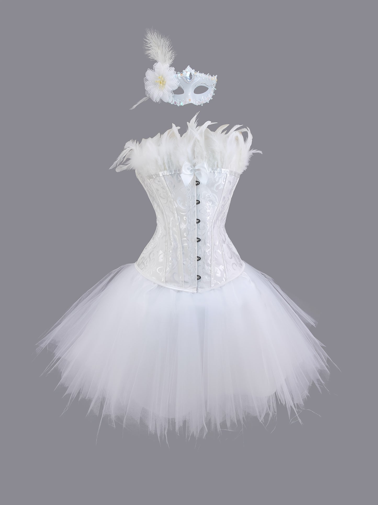 [Gothic Style Costume Set] Gothic Style Jacquard CORSETS + TUTU Skirt + Mask Set | Halloween Black Swan, Black Angel Costume Set - Party Outfit Set