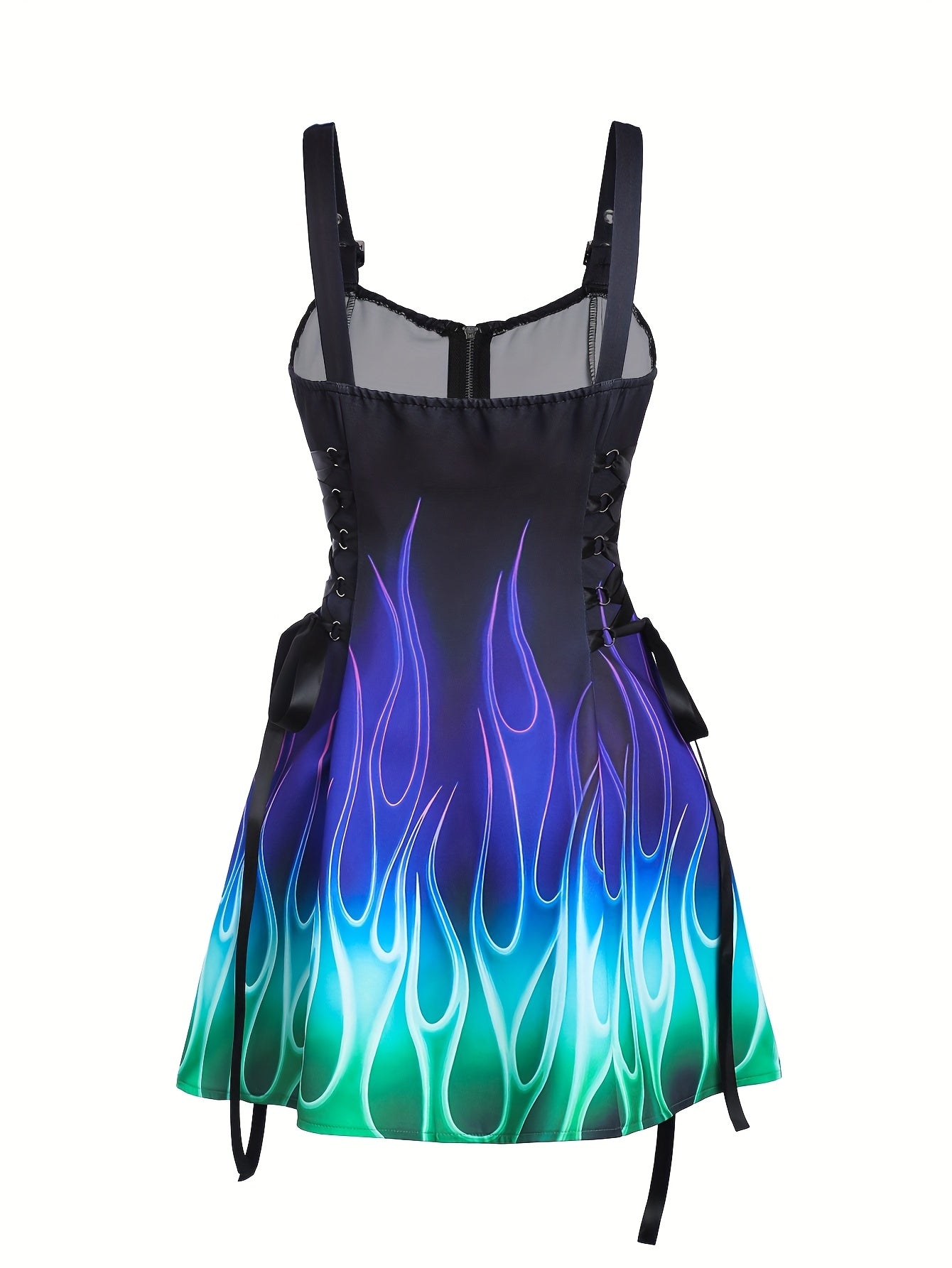 Women'S Flame Print Dress with Zipper Closure and Adjustable Straps, Casual Strapless Design with Lace-up Detail, All-Season Wear, Vibrant Green to Blue Gradient, Allseason Attire | Vibrant Flame Print | Lace-Up Detailing, Se