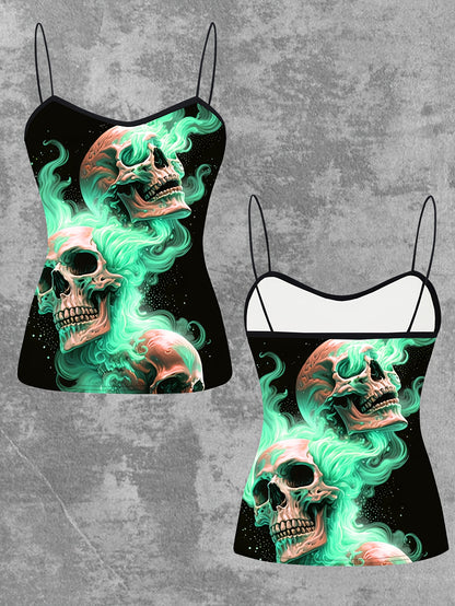 Women's Gothic Pink Flame Skull Graphic Cami Top - Elegant Sleeveless Spaghetti Strap Shirt, Machine Washable, Stretch Fabric, Perfect for Spring/Summer/Fall, Casual Wear | Edgy Chic | Medium Stretch
