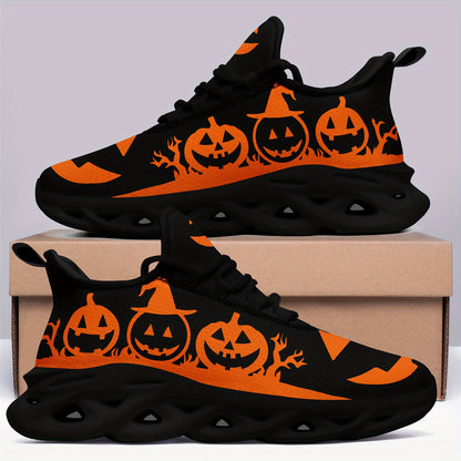 [Halloween Sneakers] Women's Halloween Sneakers - Orange Pumpkin Jack-o'-Lanterns, Lace-Up Trick Treat Shoes, Plus Size Available - All-Season Casual Shoes for Halloween Parties, Casual Attire & Costume Outfits - Lightweight