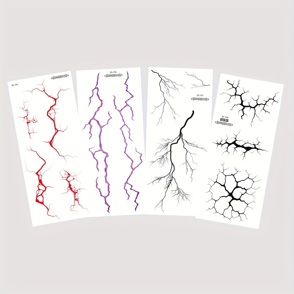 4 Lightning Tattoo Stickers with Floral Blood Vessel Design, Waterproof Halloween Makeup Face Decals - Realistic Black Sketch Temporary Tattoos for Men & Women: Arm, Thigh, Body Art, Long-Lasting Fake Tattoos